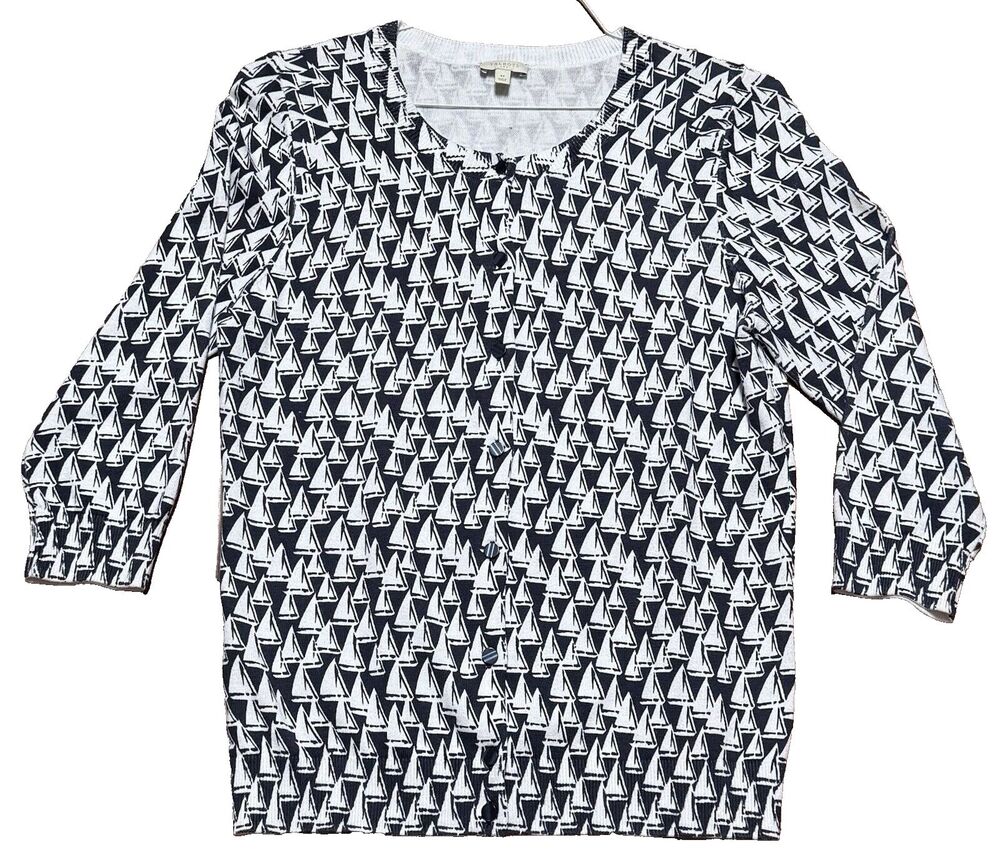 Talbots Women's M Sailboat Nautical Cardigan Sweater Blue Spring 3/4 Sleeve